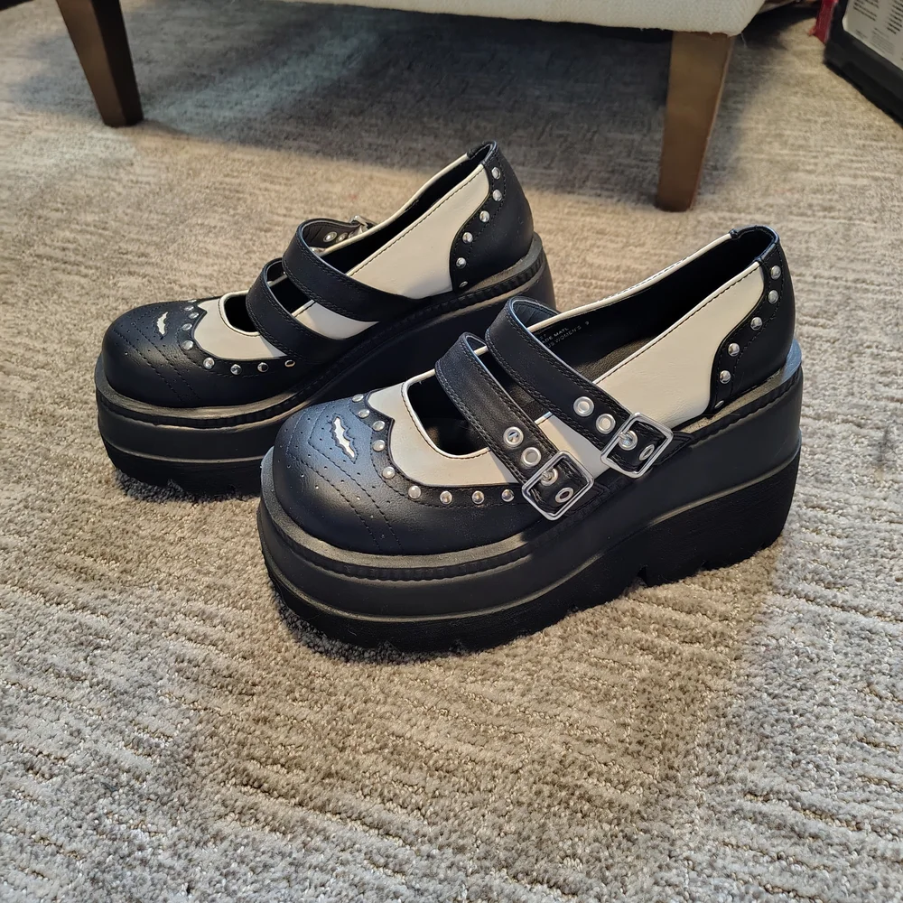 Demonia Women’s Black & White Mary Jane Platform Shoes - Picture 2 of 6